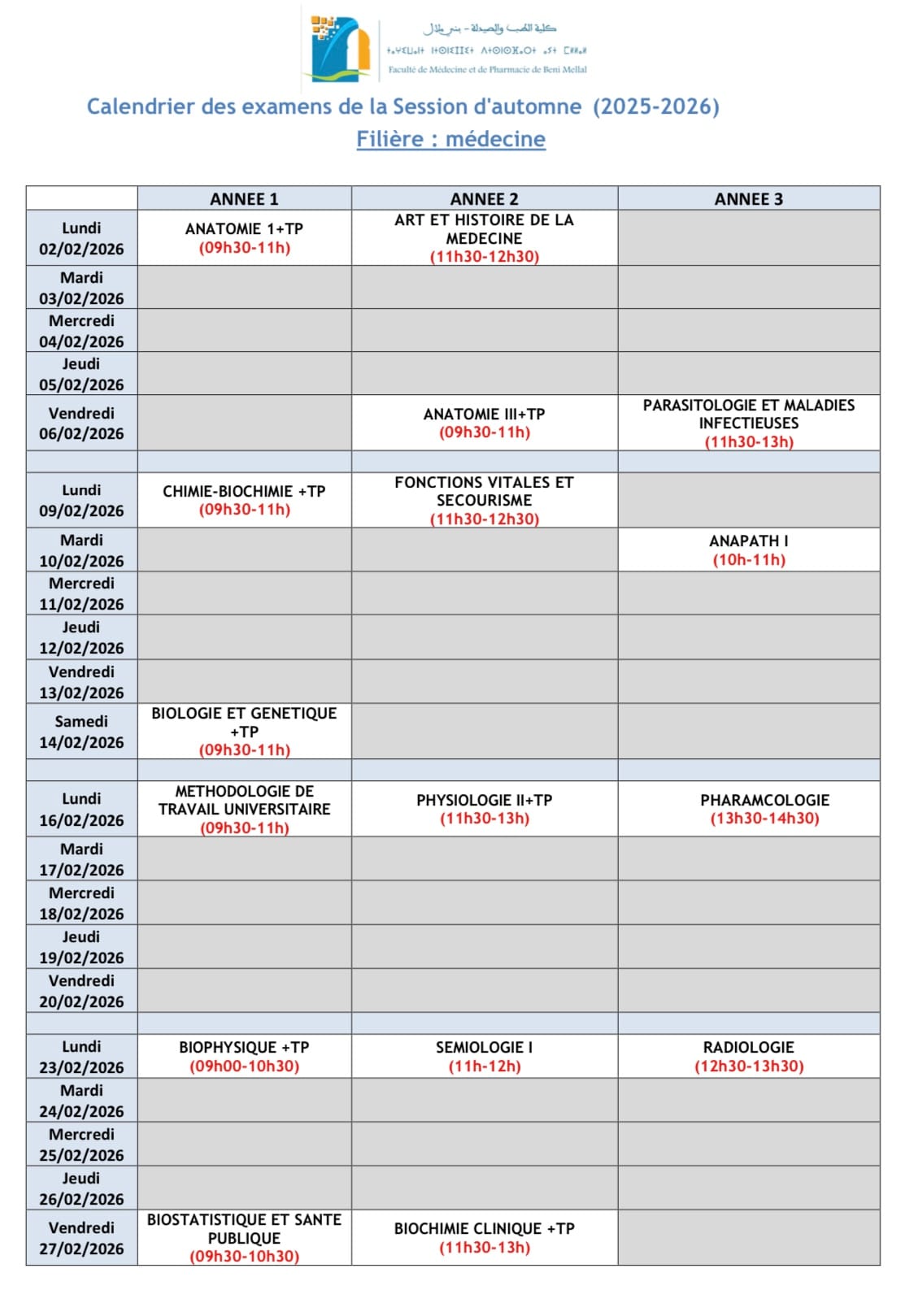 Calendrier des examens de la Session d'automne (2025-2026) Filière : médecine