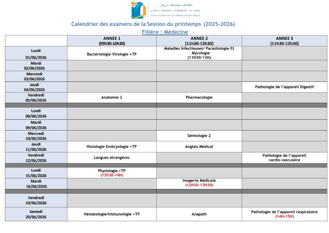 Calendrier des examens de la Session du printemps (2025-2026)