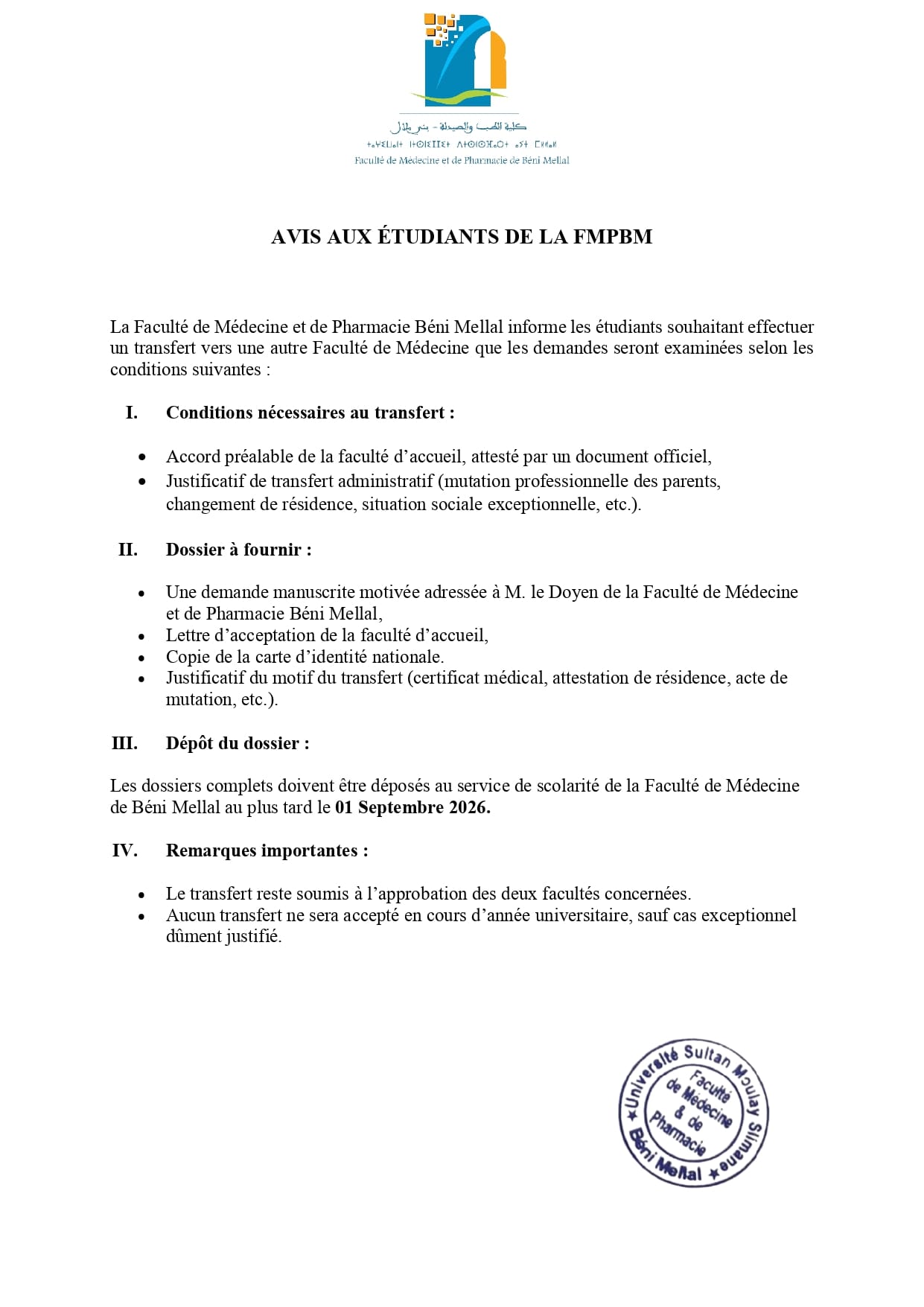 AVIS AUX ÉTUDIANTS DE LA FMPBM