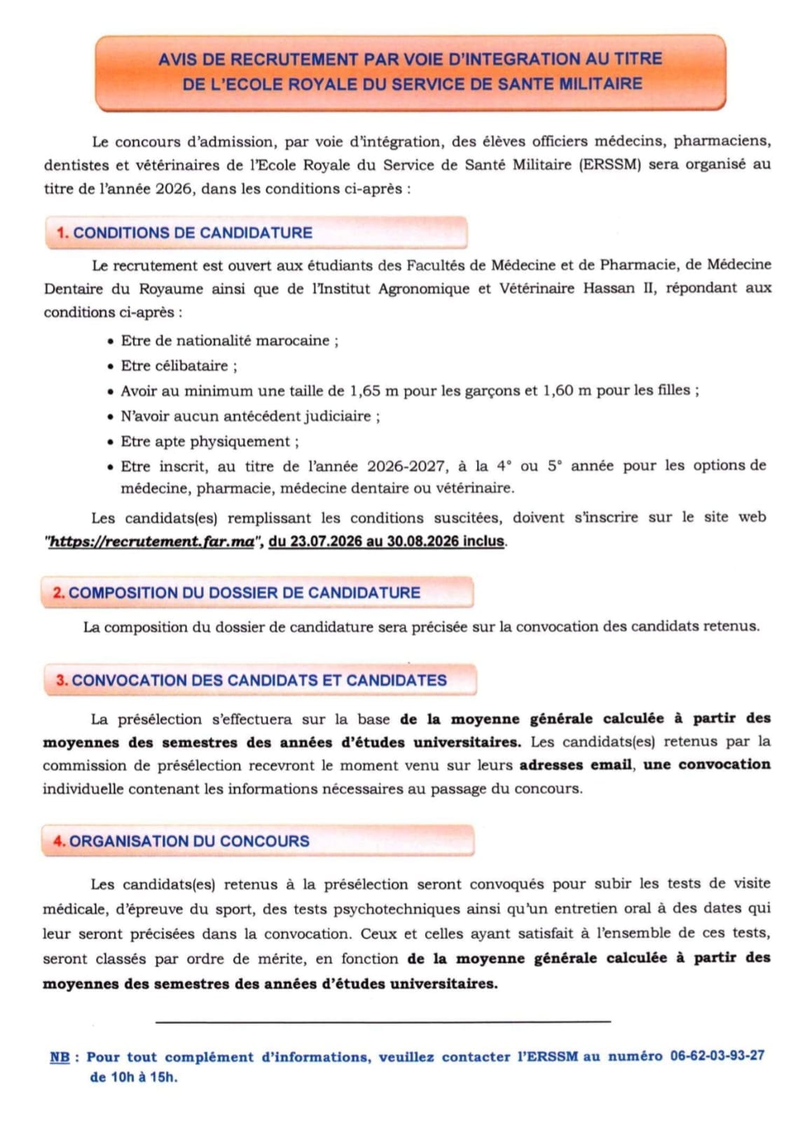 Avis de recrutement – École Royale du Service de Santé Militaire (ERSSM)