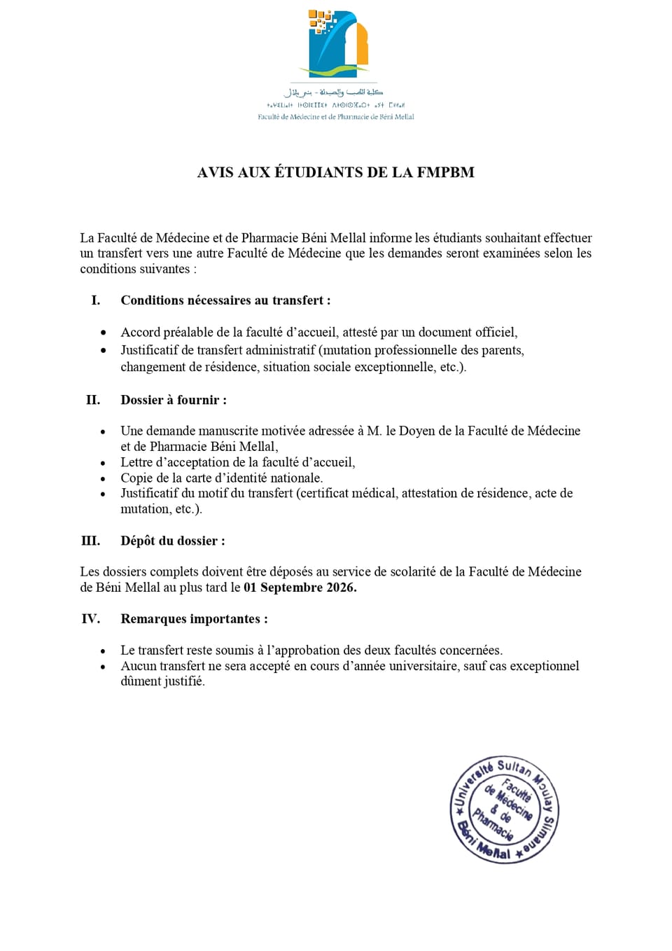 AVIS AUX ÉTUDIANTS DE LA FMPBM